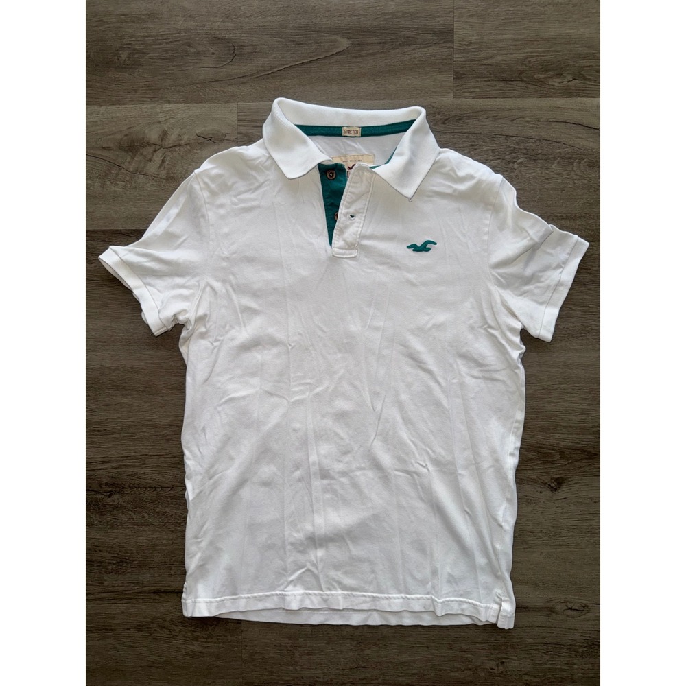 Hollister Men's White Green Logo Polo Shirt, Large